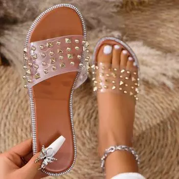 Модные женские тапочки 2024 года, летние новые плоские нескользящие открытые носки для пляжа, женские сандалии со стразами, сексуальные модные женские шлепанцы 36 верблюд
