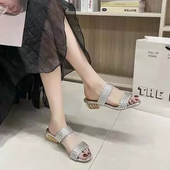 Модные женские тапочки 2024 года, летние новые модные туфли на высоком каблуке с кристаллами, женские удобные тапочки на толстом каблуке, сандалии Mujer 34 чёрный