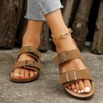 Модные женские тапочки 2024 года, летние новые дизайнерские сандалии на плоской подошве с двойной пряжкой, женские тапочки для отдыха на открытом воздухе, вечеринки, пляжа 36 чёрный