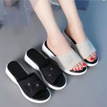 Модные женские тапочки 2024 года, летние туфли на платформе с открытым носком и стразами, повседневные туфли на высоком каблуке с защитой от скольжения 34(Foot22cm) серый