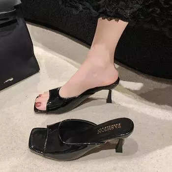 Модные женские тапочки 2024 года, летняя мода, простые, однотонные, с квадратным носком, на шпильках, удобные, дышащие, сандалии на высоком каблуке с неглубоким носком 35 чёрный