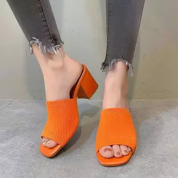 Модные женские тапочки 2024 года, новые летние туфли с открытым носком, сексуальные туфли с квадратной головкой, вечерние туфли на высоком каблуке, повседневные трикотажные женские сандалии с неглубоким носком 35 чёрный