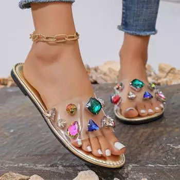 Модные женские тапочки 2024 года, новые летние модные сандалии со стразами и драгоценными камнями, плоские прозрачные тапочки, женские тапочки Zapatos De Mujer 36 чёрный