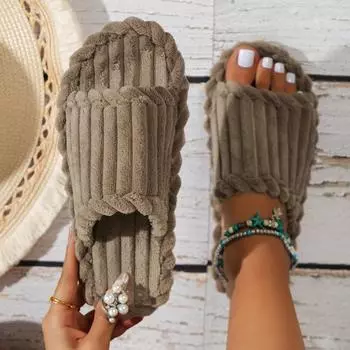 Модные женские тапочки 2024 года, новые женские сандалии из хлопка на осень-зиму, нескользящие домашние теплые тапочки на плоской подошве, женские тапочки-слайды Zapatos De Mujer 36-37 коричневый