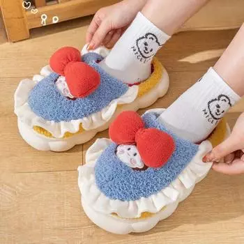 Модные женские тапочки 2024 года, зимние новые женские тапочки из плюша и хлопка с бантом, теплые кружевные тапочки, туфли на платформе Zapatos 36-37 красный