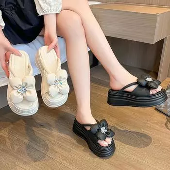 Модные женские тапочки Ashion Outer Bow 2024, летние нескользящие тапочки с бантом на толстой подошве и высоким каблуком с сандалиями, создающими ощущение дерьма 35 белый