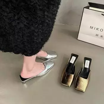 Модные женские тапочки, дизайнерские мюли с металлической пряжкой, плоские каблуки, квадратный носок, неглубокие туфли, повседневные женские сандалии для улицы 35