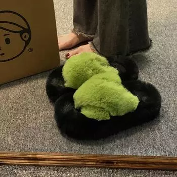 Модные женские тапочки из хлопка и меха на толстой подошве 2023 года — модная и стильная повседневная верхняя одежда 36-37 Standard Size