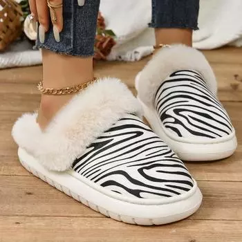 Модные женские тапочки из хлопка на толстой подошве 2024 года, новые зимние плюшевые женские зимние сапоги с рисунком зебры, короткие плюшевые теплые тапочки для женщин 36-37 белый