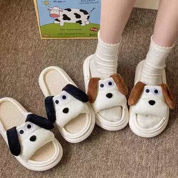 Модные женские тапочки из льна с рисунком милой собаки, женские тапочки на платформе с мягкой подошвой, противоскользящие, для дома, легкие, уютные тапочки для пар 36-37 чёрный