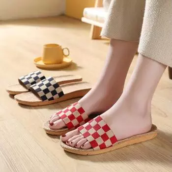 Модные женские тапочки из льна в клетку в стиле бохо 35 красный