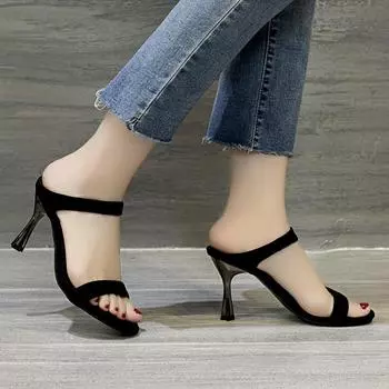 Модные женские тапочки Элегантные мюли на высоком каблуке Тапочки Слипоны Сандалии Шлепанцы с открытым носком Шлепанцы Вечеринка Туфли на очень высоком каблуке Женщина 35 чёрный