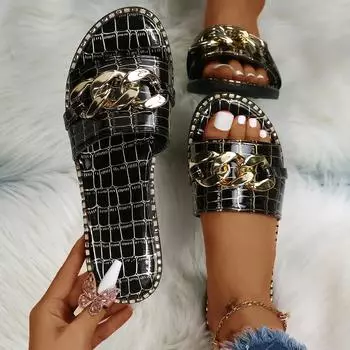 Модные женские тапочки, летние модные сандалии на плоской подошве, женские тапочки, пляжные шлепанцы с металлической цепочкой, шлепанцы больших размеров для женщин, Zapatos De Mujer 35 чёрный