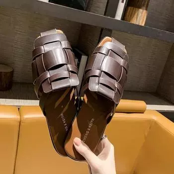 Модные женские тапочки, летние, новые, ручной вязки, плоские, уличные сандалии, для отдыха на природе, простые, женские, повседневные 35 бежевый