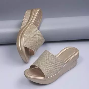Модные женские тапочки, летние уличные тапочки с пайетками на танкетке 2024, новые римские босоножки на толстой подошве с наклонным каблуком, женская обувь 35 золотой