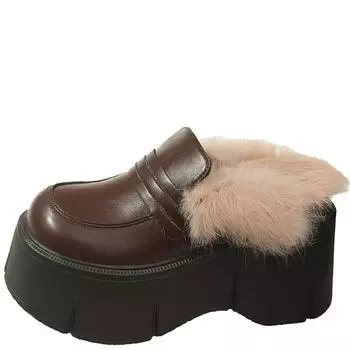 Модные женские тапочки Muller Furry 2024 года, новая верхняя одежда на танкетке 8 см, толстая подошва, увеличивающая высоту, полутапочки-мюли 34 коричневый