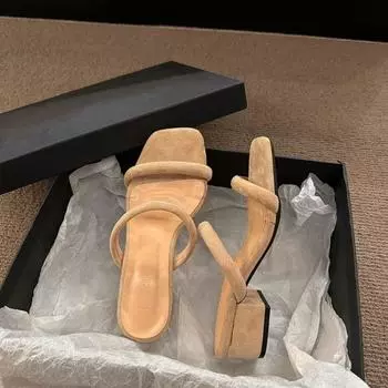 Модные женские тапочки на блочном каблуке, женские летние новые винтажные замшевые сандалии с квадратным носком и ремешком на квадратном каблуке 35 абрикосовый