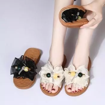 модные женские тапочки на плоской подошве, летняя верхняя одежда, мягкая подошва, кружевной бант, женские шлепанцы, слипоны, неглубокие сандалии, повседневная женская обувь 34