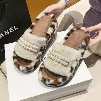Модные женские тапочки на плоской подошве с леопардовым принтом, элегантные женские тапочки с мягкой обивкой из шерстяного хлопка, пушистые туфли 35 белый
