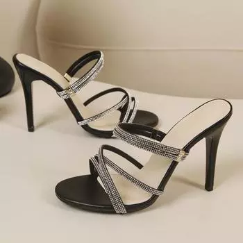 Модные женские тапочки на шпильках со стразами и перекрестными ремешками на высоком каблуке, шлепанцы, повседневные шлепанцы большого размера, праздничная обувь для женщин 35 чёрный