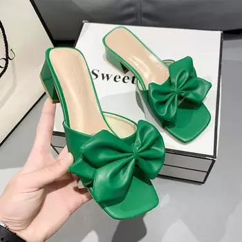 Модные женские тапочки на среднем каблуке с бантом. Летние новые трендовые дизайнерские сандалии. Массивная обувь. Женские шлепанцы. Женские шлепанцы. 36 бежевый