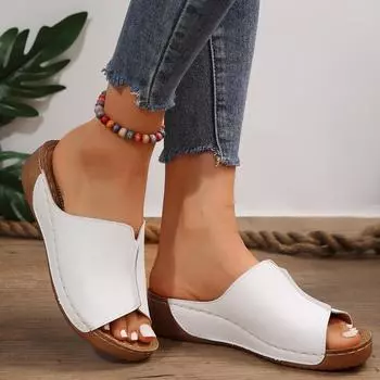 Модные женские тапочки на танкетке для белых средних каблуков, сандалии Faltform из искусственной кожи, гладиаторские сандалии Mujer, модные, удобные, нескользящие, шлепанцы 36 бежевый