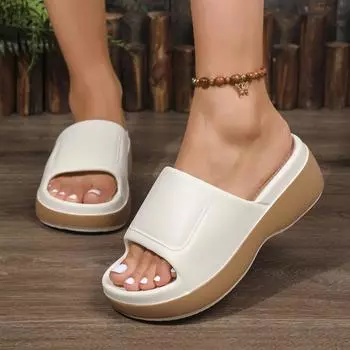 Модные женские тапочки на танкетке из ЭВА бежевого цвета с открытым носком на толстой подошве для отдыха на открытом воздухе, износостойкие женские сандалии 35 бежевый