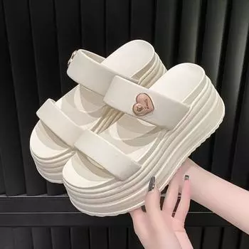 Модные женские тапочки на толстой подошве с покатым каблуком, модные и универсальные, для ношения снаружи, сандалии из бисквитного торта в одну линию 34 бежевый