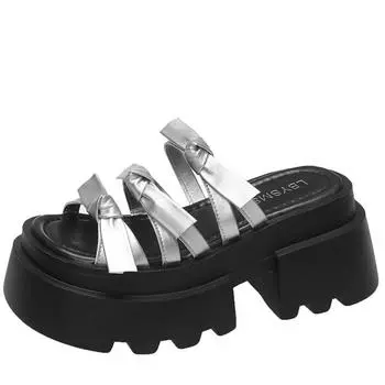 Модные женские тапочки на толстой танкетке, лето 2024, новые тапочки-маффины с открытым носком и бантом высотой 7 см 35