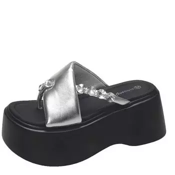 Модные женские тапочки на толстом каблуке 8 см с открытым носком и высокой платформой, сандалии со стразами для женщин, новинка 2024 года, летние пляжные шлепанцы с толстой подошвой 34 бежевый