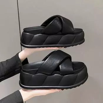 Модные женские тапочки на высокой платформе с открытым носком, кожаные босоножки на танкетке, толстые, новые летние мягкие женские пляжные шлепанцы с толстой подошвой 9 см 35 бежевый