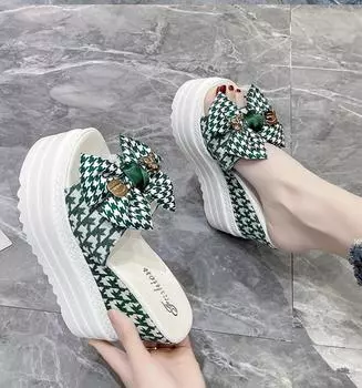 Модные женские тапочки на высоком каблуке 2024 года, роскошные сандалии на высокой платформе 11 см, летние дизайнерские модные женские туфли на танкетке с бантом, пляжные туфли 35 зелёный