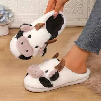 Модные женские тапочки, новые зимние унисекс, теплые плюшевые тапочки с рисунком коровы, парные домашние нескользящие тапочки с носком из хлопка 36-37 белый