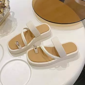 Модные женские тапочки-переключатели для ношения на улице Новые летние тапочки-феи для улицы Женские тапочки-стринги на толстой платформе 36 бежевый