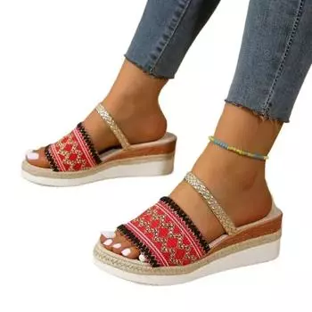 Модные женские тапочки, пляжные сандалии, бохо, этнический стиль, эспадрильи ручной работы, тапочки на платформе, шлепанцы для женщин, размер 36-43 36 красный