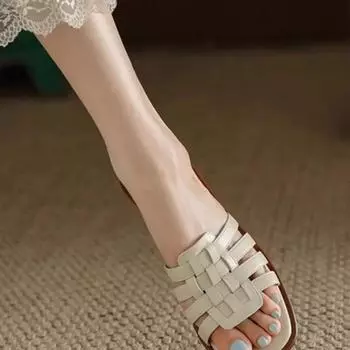 Модные женские тапочки Quare Toe Shallow 2024 года, горячая распродажа женской обуви, модные повседневные тапочки с открытым носком, женские новые тапочки SFlat Zapatos 35 бежевый