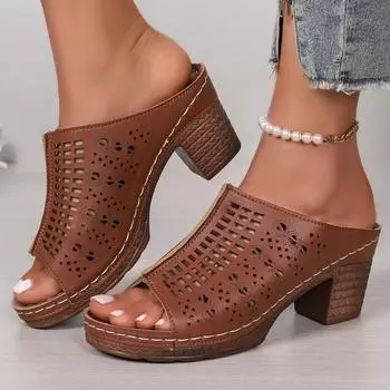 Модные женские тапочки, ретро-сандалии на толстом каблуке с рисунком «рыбий рот», новинка 2024 года, летняя обувь, модные полые тапочки на среднем каблуке, женские тапочки 36 коричневый