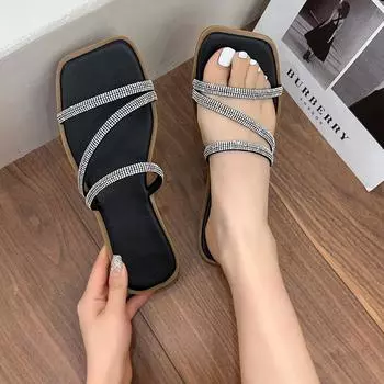 Модные женские тапочки Роскошные сандалии с квадратным носком Дизайнерские тапочки Плоские шлепанцы Пляжные шлепанцы Повседневные шлепанцы для женщин 36 чёрный
