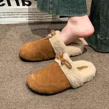 модные женские тапочки с бантом из меха на среднем каблуке, замшевые мюли, теплые плюшевые хлопковые шлепанцы, модная повседневная обувь для женщин, зима 2025 года, тренд Zapatos Mujer 35