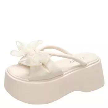 Модные женские тапочки с бантом, летние женские пляжные шлепанцы, босоножки на танкетке, женские кожаные туфли на высокой платформе 8 см 34 бежевый