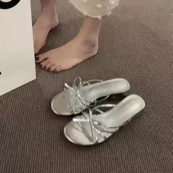 Модные женские тапочки с бантом на ремне 2024 года, летняя новая модная обувь для женщин, открытые тапочки на толстом каблуке, женские уличные тапочки Zapatillas Mujer 35 серебряный