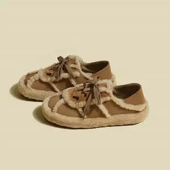 Модные женские тапочки с флисовой подкладкой из искусственного пуха 2024 года, новые осенне-зимние повседневные тапочки со шнуровкой, подходящие ко всему, в горошек, женская обувь 35 светло-коричневого