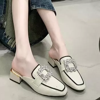 модные женские тапочки с квадратным носком и кристаллами на среднем каблуке, летние туфли-мюли, повседневные шлепанцы с открытой пяткой, 2024, новое платье, модная женская обувь 35 бежевый