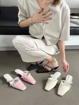 Модные женские тапочки с квадратным носком, летние уличные туфли-мюли, черные, белые, розовые, с жемчужным дизайном, повседневные туфли на толстом среднем каблуке, туфли-лодочки для вечеринок, размеры 35-39 5.5 чёрный