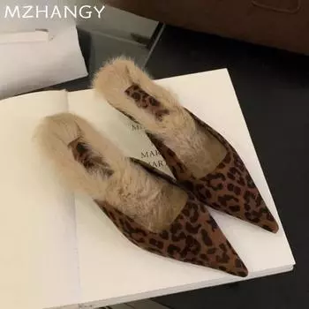 Модные женские тапочки с леопардовым мехом, замшевые туфли с острым носком, сексуальные туфли на каблуках, женские трендовые шлепанцы 2025 года, роскошные праздничные шлепанцы, зимние новинки Mujer Zapatos 34 чёрный