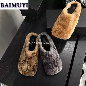 модные женские тапочки с леопардовым принтом, меховые мюли на плоской подошве, зимние хлопковые туфли с квадратным носком, дизайнерские 2024 года, тренд, новый бренд, плюшевые зимние ботинки Mujer 35