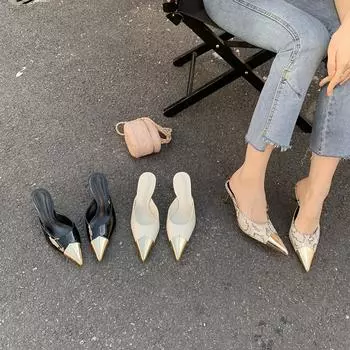 Модные женские тапочки с острым носком, новинка 2024 года, модные уличные туфли-мюли на тонком высоком каблуке, черно-белые туфли-лодочки со змеиным принтом для вечеринок 5.5 чёрный
