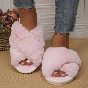 Модные женские тапочки с перекрестными ремешками из пушистого меха 2024 года, новые нескользящие теплые плюшевые тапочки для женщин, домашняя зимняя обувь с мягкой подошвой для женщин 36-37 коричневый