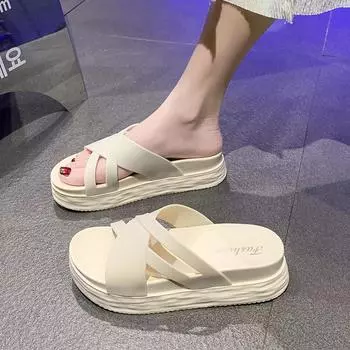 Модные женские тапочки с толстой подошвой и перекрестными ремешками, женские шлепанцы, повседневные пляжные сандалии, тапочки, сплошные плоские шлепанцы, Zapatos 36 чёрный