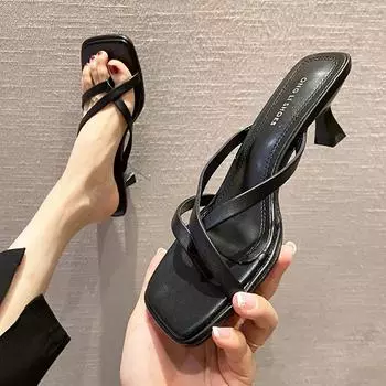 Модные женские тапочки с застежкой-молнией на каблуке 2024 года, летние шлепанцы из искусственной кожи с квадратным носком, женские сексуальные босоножки с перекрестными ремешками Mujer 34 абрикосовый